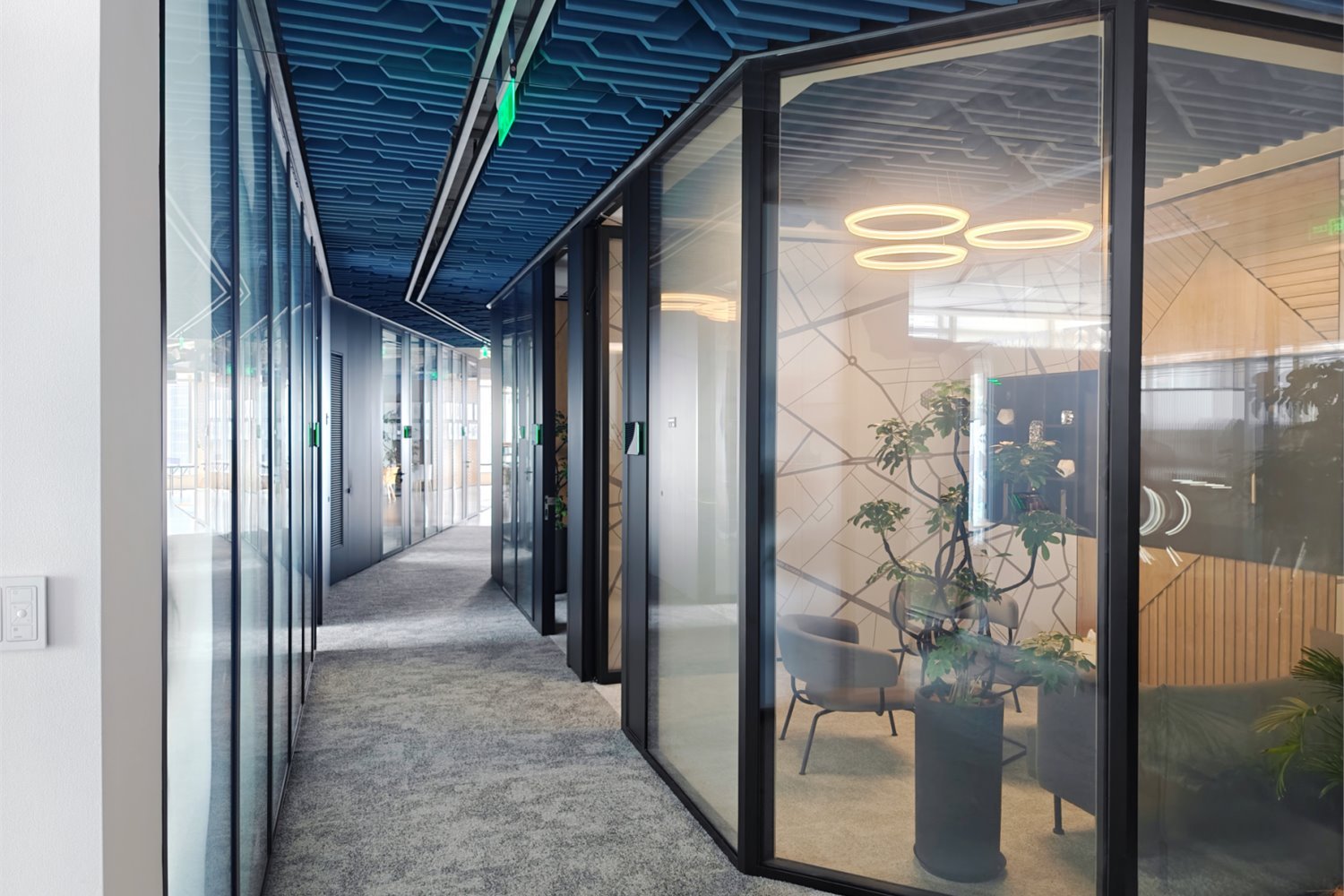 Fire-rated glass partition wall for corporate office